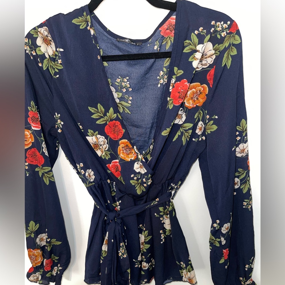 SHEIN Navy Blue floral blouse long ruffle cut sleeve with tie waist